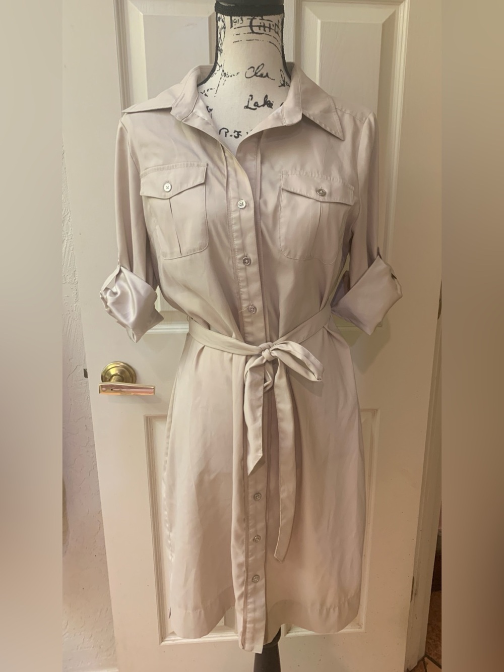 White House Black Market Beige Tie-Waist Midi Shirt Dress